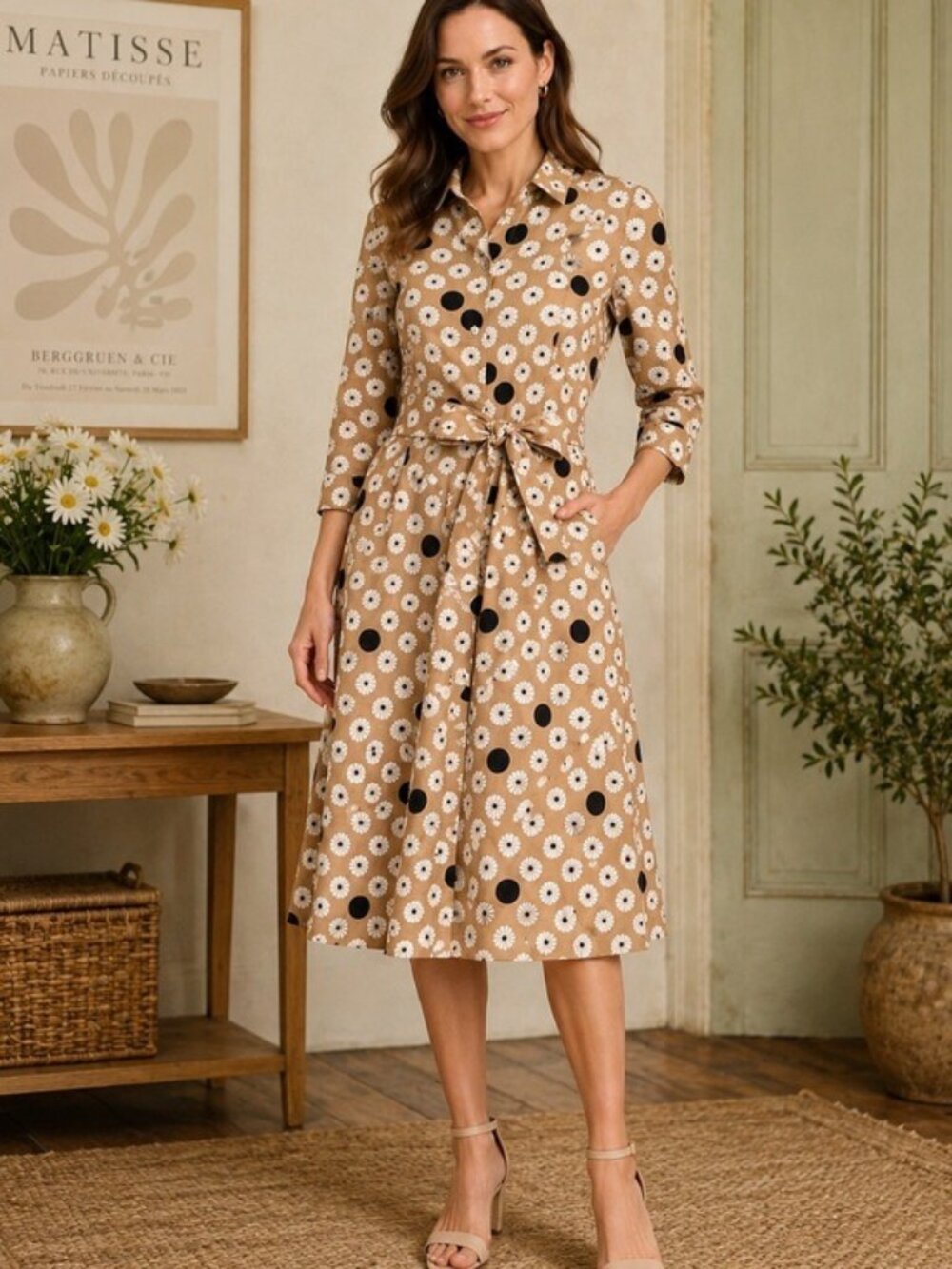 Talbots Tan Floral Polka Dot Shirt Dress Belted Cotton Midi Size 12 Retro